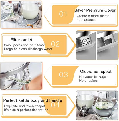 84.5oz Borosilicate Glass Teapot with 304 Stainless Steel Lid & Built-in Strainer, Stovetop & Microwave Safe Tea Kettle for Loose Leaf/Iced/Fruit/Herbal Tea, 2500ml Clear Pot