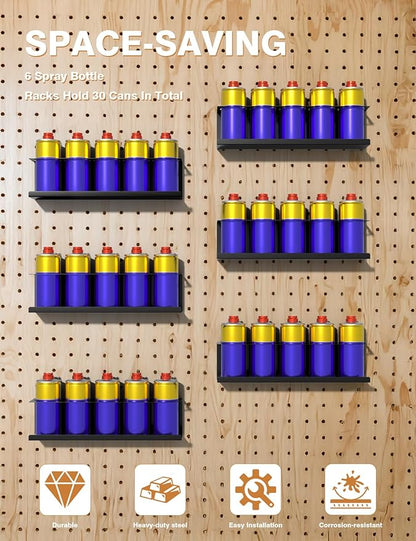 6 Pack Spray Can Holder Organizer, Wall-Mounted Steel Spray Bottle Rack, Tool Box Storage Rack, 5 Cans Metal Paint Can Organizer for Garage, Workspace, Shop, Home or Tool Trailer, Black