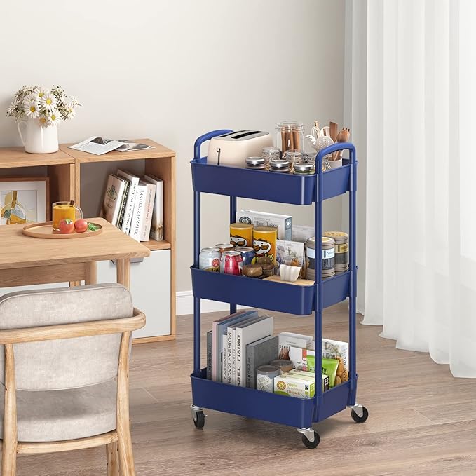 Sywhitta 3-Tier Plastic Rolling Utility Cart with Handle, Multi-Functional Storage Trolley for Office, Living Room, Kitchen, Movable Storage Organizer with Wheels, Blue