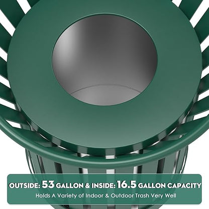 16Gallon/62L Commercial Outdoor & Indoor Metal Trash Can, Outdoor Slatted Trash Receptacle with Metal Linner, All Weather Resistant Large Outside Zone Round Garbage Bin for Street, Park, School-Green