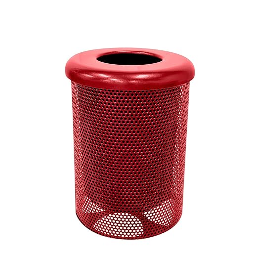 COATEDOUTDOORFURNITURE RFT-P-TXTRED Heavy Duty Round Trash Receptacle with Flat Top, Liner Included, 32 Gallon, Textured Red, Made in America