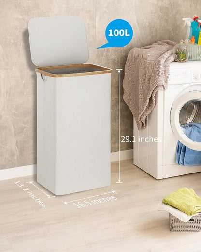 efluky Laundry Basket with Lid and Removable Bag, 100L Tall Laundry Hamper with Bamboo Handles, Aesthetic Dirty Clothes Bin for Laundry Room, Bathroom, Bedroom and Dorm, Light Grey
