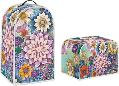 Bright Blossom Flower Toaster Cover 2 Slice，Boho Hippie Floral Kitchen Blender Dust Cover 2 Pcs Small Appliance Dust Cover Anti Fingerprint and Oil Proof Cover-L