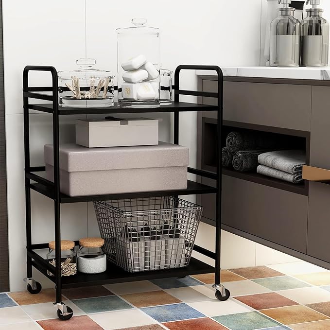 HDANI 3 Tier Metal Utility Multipurpose Rolling Cart,Large Capacity Heavy Duty Cart with Lockable Wheels Rolling Cart with 2 Lockable Wheels for Home,Office,Kitchen,Bathroom,Bedroom(Black)