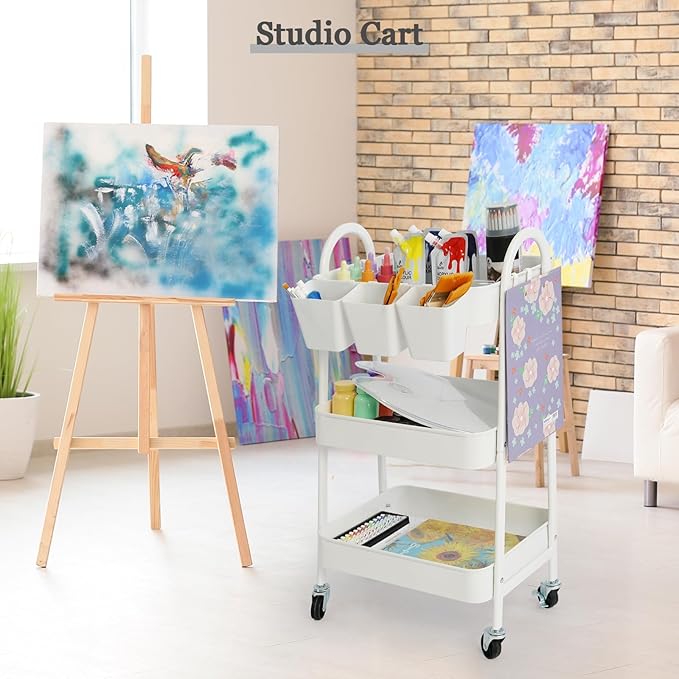 danpinera 3-Tier Rolling Cart, Metal Rolling Storage Cart with Lockable Wheels & Hanging Cups & Hooks, Mobile Trolley Cart for Kitchen, Bathroom, Office, Workshop, White