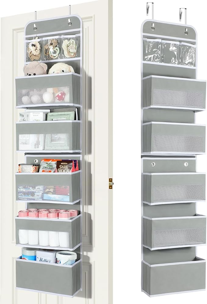 LAMU 6-Tier Over The Door Organizer, Swing - Proof Closet Door Organizer, Flexible 1 Split into 2 Over The Door Storage Organizer for Nursery, Bathroom, Bedroom, Grey, 5 x 14 x 61in