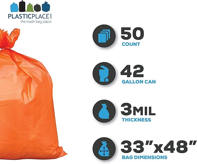 Plasticplace 42 Gallon Trash Bags |3.0 Mil | Orange Heavy Duty Contractor Trash Bags | 33" x 48", 50 Count (Pack of 1)