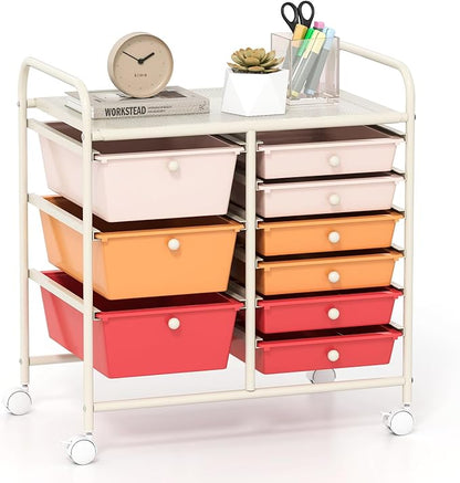 GOFLAME 9-Drawer Rolling Storage Cart, Mobile Utility Cart with Removable Drawers & Metal Frame, Art Craft Organizer Cart with Lockable Wheels, Storage Drawer Cart for Home Office, Macaron Color