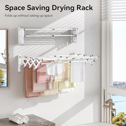 APEXCHASER Wall Mounted Clothes Drying Rack, Laundry Drying Rack Retractable, Towel Racks Wall Mounted for Bathroom Balcony Laundry Room Indoor, Foldable Accordion Dryer Rack for Clothing, White