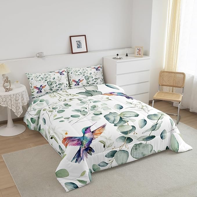 Erosebridal Cartoon Hummingbird Bedding Twin Toddler Wildlife Bird Comforter Set Twin, Plant Duvet Insert Eucalyptus Leaf Quilt Comforter, Jungle Animal Theme Bedding Comforters & Sets Kids Room Decor