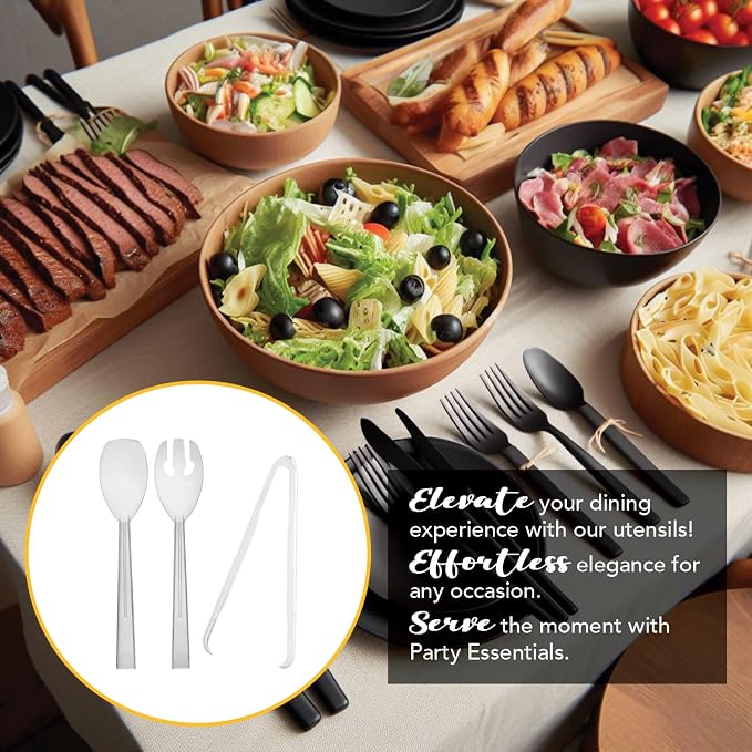 Party Essentials Plastic Party Buffet Serving Utensils Kit, Spoons/Forks/Tongs