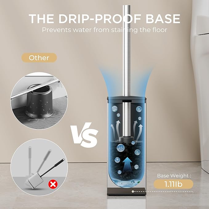 FORIOUS Toilet Brush and Holder Set, Heavy Duty 304 Stainless Steel Base Square and Long Handle for Bathroom Deep Cleaning, Drip-Proof, Space Saving for Storage, 2 Toilet Bowl Brush Head