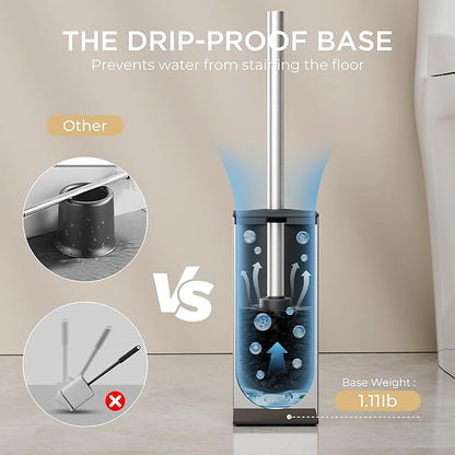 FORIOUS Toilet Brush and Holder Set, Heavy Duty 304 Stainless Steel Base Square and Long Handle for Bathroom Deep Cleaning, Drip-Proof, Space Saving for Storage, 2 Toilet Bowl Brush Head