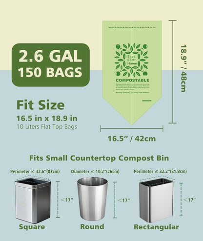 AYOTEE Small Compost Bags 2.6 Gallon Trash Bag, 150 Count Compostable Trash Bags 2.6 Gallon Compost Bag for Countertop Bin 1.3,2,3 Gallon, Small Waste Basket Liners for Bathroom Kitchen Office