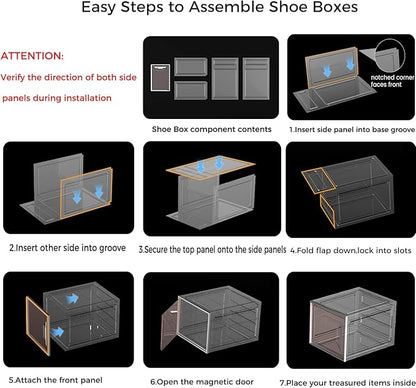 X-Large Stackable Shoe Boxes - Clear Plastic Shoe Storage Boxes with Magnetic Door, Thicken Shoe Organizer for Closet, Space Saving Foldable Shoe Containers Bins for Sneaker Boot - 6 Pack(White)