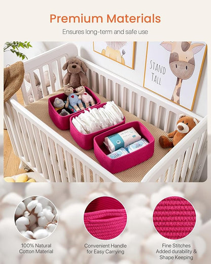 Small Woven Basket, 13.5 x 9.5 x 5 Inches, Storage Basket for Organizing, Cute Small Rope Shelf Closet Cube Storage Bins Baskets for Shelves, Dog Toy Gift Baskets Empty, 3 Packs, Hot Pink