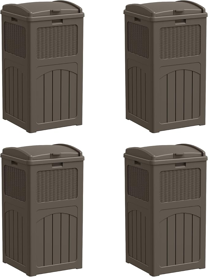 Greesum 33 Gallon Outdoor Trash Can with Lid, Waterproof Resin Garbage Bin for Hideaway, Deck, Patio, 4 Pack, Dark Brown