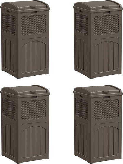 Greesum 33 Gallon Outdoor Trash Can with Lid, Waterproof Resin Garbage Bin for Hideaway, Deck, Patio, 4 Pack, Dark Brown