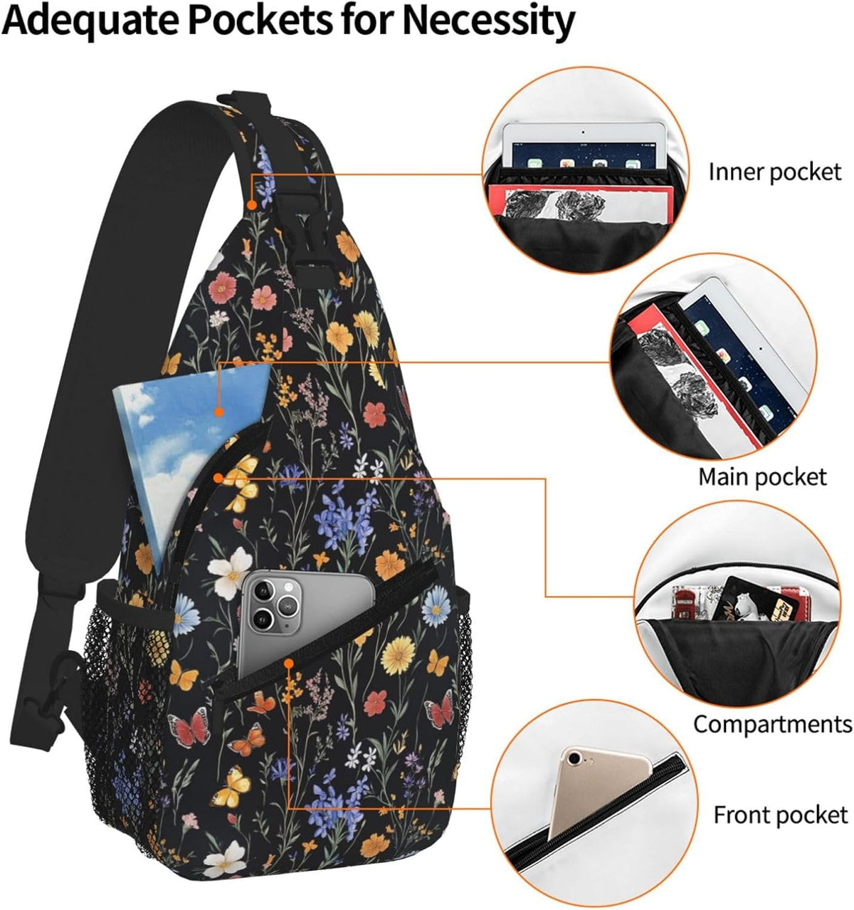 SUPLUCHOM Sling Bag Vintage Botanical Flower Wildflower Hiking Daypack Crossbody Shoulder Backpack Travel Chest Pack for Men Women