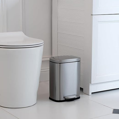 Amazon Basics Smudge Resistant Mini Rectangular Trash Can With Soft-Close Foot Pedal, Brushed Stainless Steel, for Bathroom & small space, 5 L /1.32 Gal, Satin Nickel Finish, 7.3x8.5 x11.8 in (LxWxH)