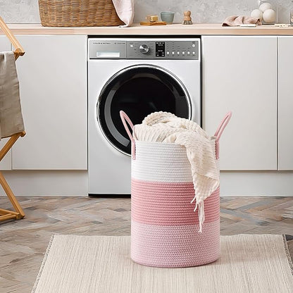 CLHMILY&Z 40L Laundry Basket Round Storage Rope Basket - 13x18 Inches - Pink Hamper in Bedreoom and Cute Storage Bin for Blankets, Toys, and Nursery Essentials