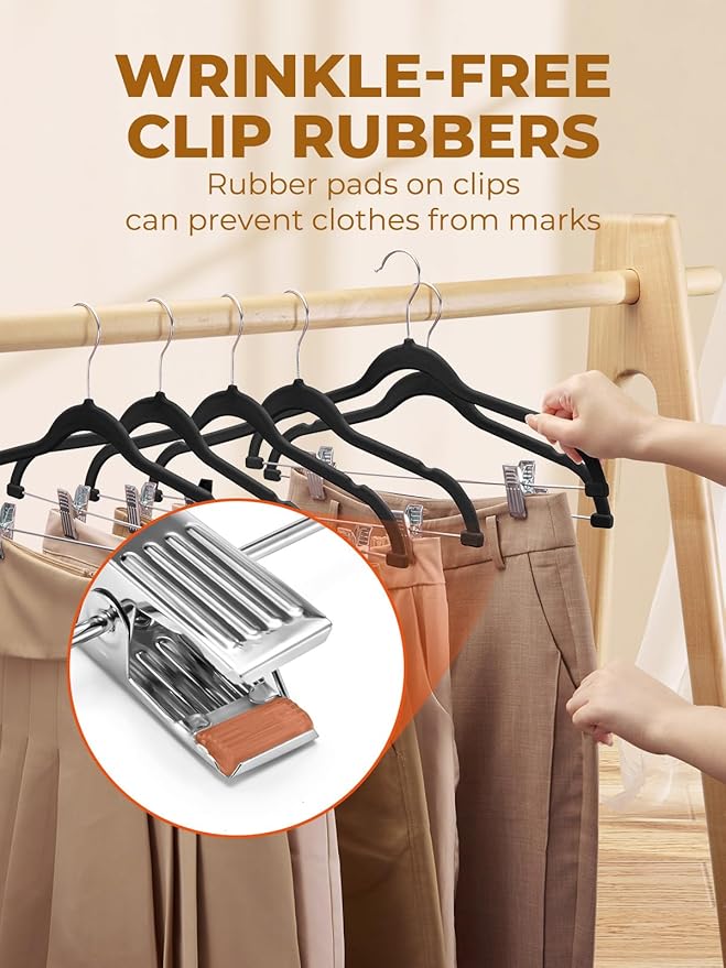 HOUSE DAY Black Velvet Skirt Hangers 48 Pack, Pant Hanger with Adjustable Clips, Space Saving Non Slip Clip Hangers for Pants, Skirts, Shorts