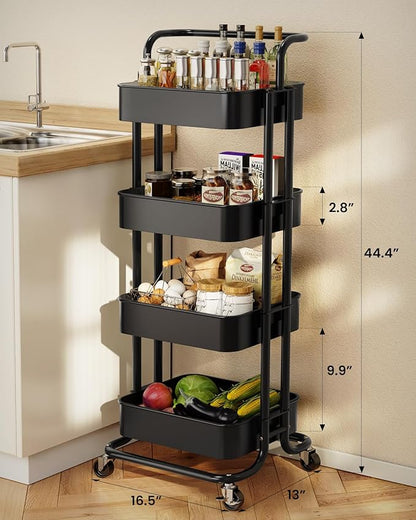 Pipishell 4 Tier Mesh Utility Cart, Rolling Metal Organization Cart with Handle and Lockable Wheels, Multifunctional Storage Shelves for Kitchen Living Room Office White, PIUC12W