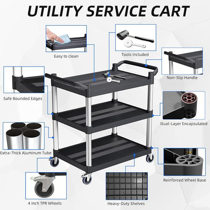 Plastic Utility Carts with Wheels, 3-Tier Rolling Service Cart, 300 lbs Heavy Duty Capacity with 4 inch Silent Casters(2 Lockable), for Home, Office, Restaurant, Warehouse.31.5"× 16" × 38"