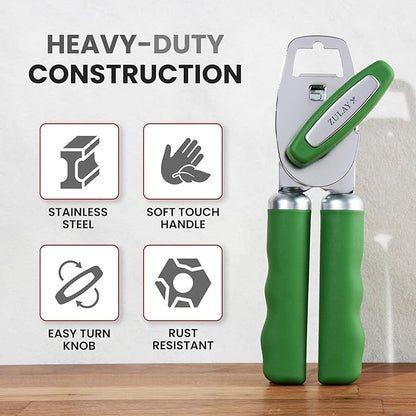 Zulay Kitchen Heavy Duty Stainless Steel Can Opener Manual with Bottle Opener - Rust Proof Manual Can Opener With Turn Knob & Comfy Soft Grip Handles - Artichoke Green