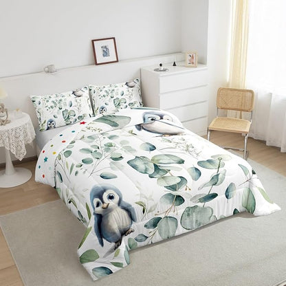 Erosebridal Cartoon Penguin Bedding Toddler Size Woodland Wildlife Comforter Set, Plant Duvet Insert Eucalyptus Leaf Quilt Comforter, Antarctic Animal Theme Bedding Comforters & Sets Kids Room Decor