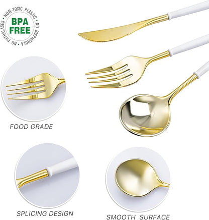 N9R 150Pcs Gold Plastic Silverware-Gold Disposable Utensils with White Handle-Disposable Silverware Heavy Duty with 50 Spoons, 50 Forks, 50 Knives for Party，Birthday and Everyday Use