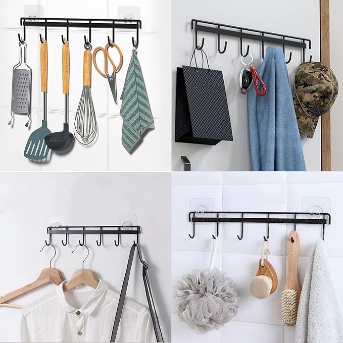Myfolrena Adhesive Kitchen Hooks Utensil Hanger Holder Hanging Rack 2 Pack, Hanging Rack Wall Mounted Kitchen Rail for Spoons Pot Coffee Mug Cups Tags(Black)