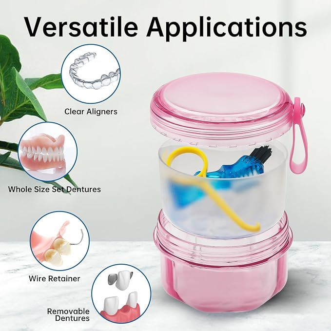 Denture Bath Case Denture Cleaning Cup with Lid Leak Proof, False Teeth Holder Mouthguard Storage Box Retainer Soaking Case for TravelHousehold|Office - Transparent Pink
