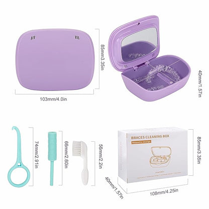 MURRI&MURRDI Retainer Case, Denture Bath Box with Strainer Basket, Mouth Guard Case, Braces Cleaner Cup, Cute Denture Holder Nightguard Storage Soak Container for Travel Cleaning (C Purple)