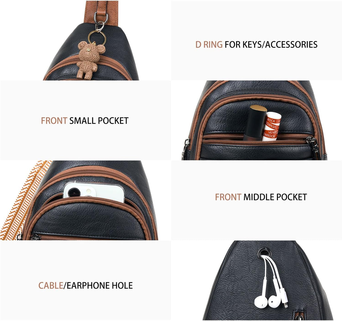 Sling Bag for Women Crossbody Fanny Pack Belt Bag Sling Purse Vegan Leather Trendy Travel Anti Theft Brown/Black