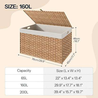 HOOBRO Storage Basket with Lid, 42.3 Gallon (160L) Wicker Basket, Handwoven Blanket Storage Basket with Handles, Metal Frame and Soft Lining, Foldable for Bedroom, Laundry Room, Natural NL216CW01