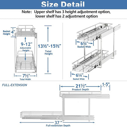 LOVMOR 2 Tier Individual Pull Out Cabinet Organizer 7½" W x 21½" D, Slide Out Kitchen Cabinet Storage Sliding Shelves
