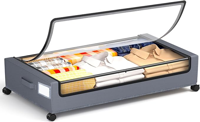 Under Bed Storage with Wheels, Square Under Bed Storage Containers, 60L Under The Bed Storage Bins, Rolling Metal Drawer for Clothes, Blankets, Shoes...
