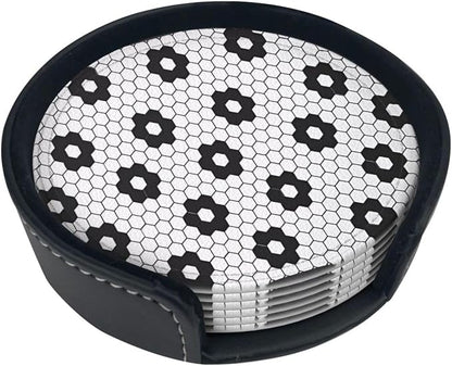6 Pcs Black White Flower Hex Tile Print Floor Leather Coasters