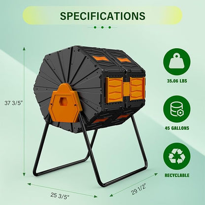 Compost Bin Outdoor, 45 Gallon / 170L Composter Tumbler, 360° Rotating Compost Bin Outdoor, BPA-Free Fast-Working All-Season Heavy-Duty Dual Chamber Compost Tumbler for Garden Kitchen Yard Waste