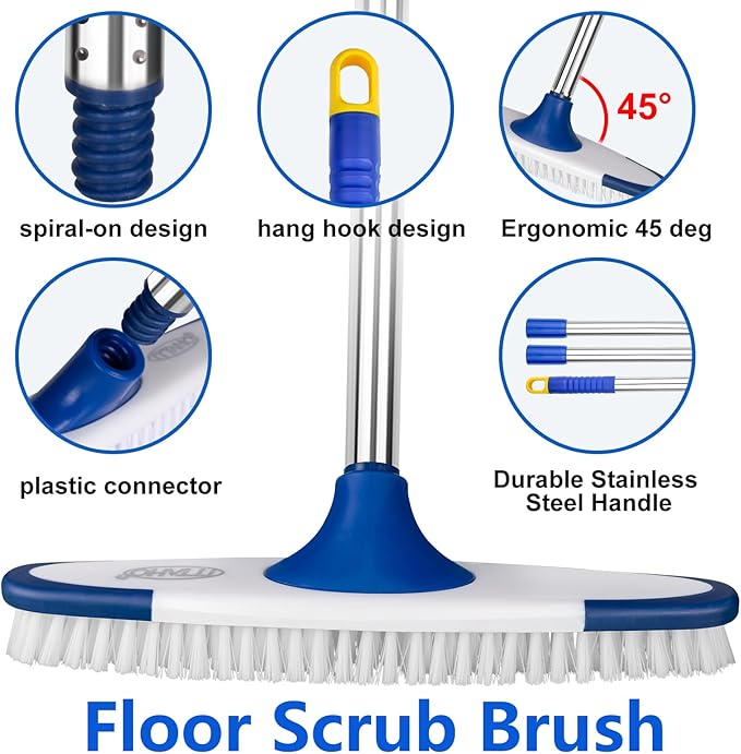 ITTAHO Floor Scrub Brush with Long Handle - 53" Deck & Grout Cleaner Brush Set for Tile, Marble, Stone, Bathroom, Patio, Garage, Deck & Floor Cleaning