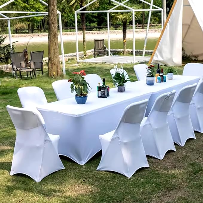 Trlyc 1 Pack 8FT Spandex Table Cloth - 96 x 30 Inch Rectangular Stretch Tablecloth, Wrinkle Resistant Scretch Table Cover for Wedding, Party, Banquet, Picnic, Outdoor Decoration (1Pcs,White)