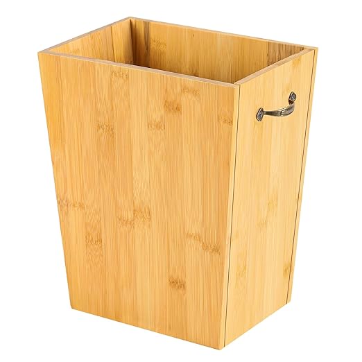 SEHERTIWY Wood Trash Can, Farmhouse Wastebasket Bin for Bathroom, Office, Bedroom, Living Room, Small Square Rustic Garbage Container with Metal Handle (Wood-Black-Handle)