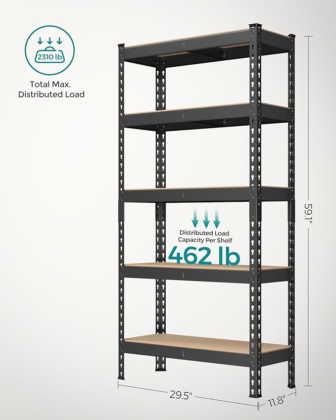 SONGMICS 5-Tier Storage Shelves, Load 2310 lb, Set of 2 Garage Storage, Boltless Assembly, Adjustable Shelving Unit, 11.8 x 29.5 x 59.1 Inches, for Study Shed Basement, Black UGLR300B02