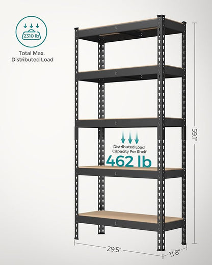 SONGMICS 5-Tier Storage Shelves, Load 2310 lb, Set of 2 Garage Storage, Boltless Assembly, Adjustable Shelving Unit, 11.8 x 29.5 x 59.1 Inches, for Study Shed Basement, Black UGLR300B02
