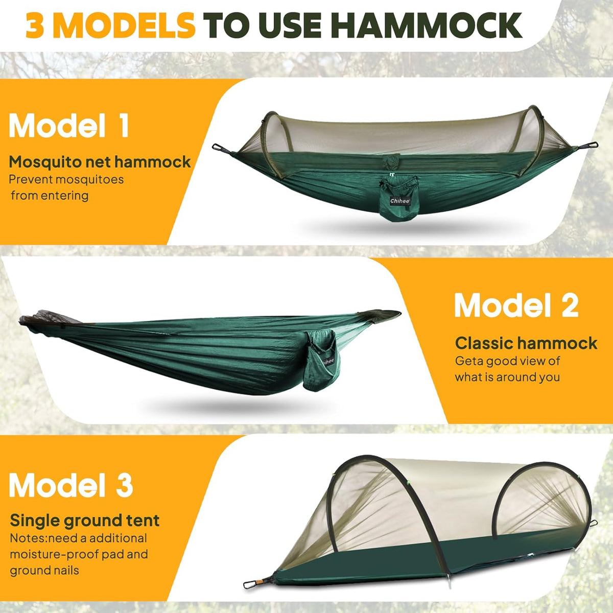 Chihee Ultra-Light Travel Camping Hammock Pop-up Net Hammock 660lbs Load Capacity,Breathable,Quick-Drying Parachute Nylon 2 Premium Carabiners,2 Tree Slings Included for Outdoor Backpacking Hiking