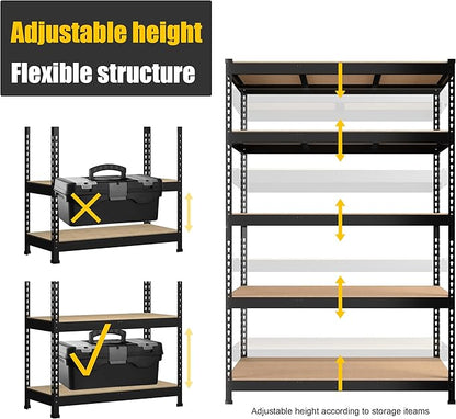 PrimeZone 4 Pack Heavy Duty Adjustable 5 Tier Garage Storage Shelves - 47" W x 18" D x 71" H, Metal Utility Rack Shelf Unit for Warehouse, Pantry, Closet, Kitchen, Black
