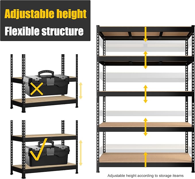 PrimeZone 5 Pack Heavy Duty Storage Shelves - 47" W x 18" D x 71" H 5 Tier Adjustable Garage Storage Shelving, Metal Storage Utility Rack Shelf Unit for Warehouse Pantry Closet Kitchen, Black