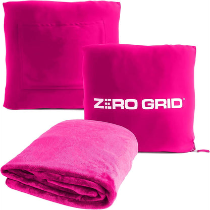 Lightweight Travel Blanket - Premium & Compact Airplane Wearable Blanket with Neck Snaps, Cozy Foot Pockets, Zipper Pouch - Converts into Soft Pillow - Designed for Ultimate Comfort - Hot Pink