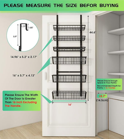 Over The Door Pantry Organizer, Pantry Organization and Storage, 6-Tier Deep Baskets Hanging Heavy-Duty Metal, Wall Spice Rack Seasoning Shelves for Home & Kitchen, Laundry Room Bathroom, Black